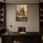Dusty Blue Discovery Still Life Adventure Kids Wall Art Canvas Print displayed in a contemporary gallery-inspired room