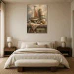Dusty Blue Discovery Still Life Adventure Kids Wall Art Canvas Print showcased in an elegant minimalist interior