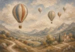 Dusty Blue Hot Air Balloon Valley Adventure Kids Wall Art Canvas Print