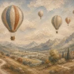Dusty Blue Hot Air Balloon Valley Adventure Kids Wall Art Canvas Print