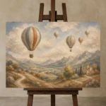 Dusty Blue Hot Air Balloon Valley Adventure Kids Wall Art Canvas Print displayed on a studio easel