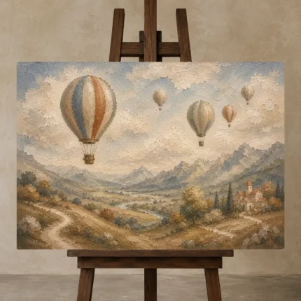 Dusty Blue Hot Air Balloon Valley Adventure Kids Wall Art Canvas Print shown in Studio Easel