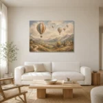Dusty Blue Hot Air Balloon Valley Adventure Kids Wall Art Canvas Print styled in a refined neutral interior
