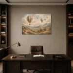 Dusty Blue Hot Air Balloon Valley Adventure Kids Wall Art Canvas Print displayed in a contemporary gallery-inspired room