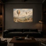 Dusty Blue Hot Air Balloon Valley Adventure Kids Wall Art Canvas Print shown in a warm modern interior
