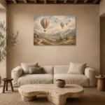 Dusty Blue Hot Air Balloon Valley Adventure Kids Wall Art Canvas Print presented in a sophisticated home setting