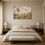 Dusty Blue Hot Air Balloon Valley Adventure Kids Wall Art Canvas Print showcased in an elegant minimalist interior