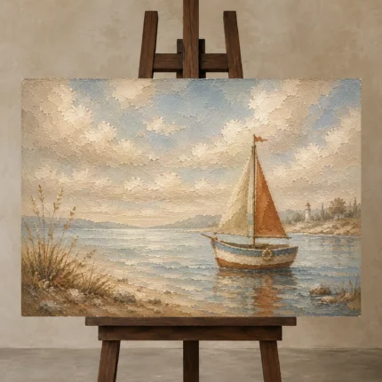 Dusty Blue Sailboat Coastal Adventure Kids Wall Art Canvas Print shown in Studio Easel