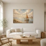 Dusty Blue Sailboat Coastal Adventure Kids Wall Art Canvas Print styled in a refined neutral interior