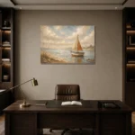 Dusty Blue Sailboat Coastal Adventure Kids Wall Art Canvas Print displayed in a contemporary gallery-inspired room