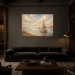 Dusty Blue Sailboat Coastal Adventure Kids Wall Art Canvas Print shown in a warm modern interior