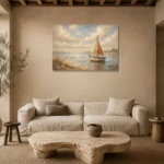 Dusty Blue Sailboat Coastal Adventure Kids Wall Art Canvas Print presented in a sophisticated home setting