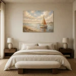 Dusty Blue Sailboat Coastal Adventure Kids Wall Art Canvas Print showcased in an elegant minimalist interior