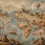 Beige & Dusty Blue Antique Map Adventure Kids Wall Art Canvas Print