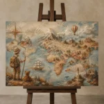 Beige & Dusty Blue Antique Map Adventure Kids Wall Art Canvas Print displayed on a studio easel