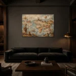 Beige & Dusty Blue Antique Map Adventure Kids Wall Art Canvas Print shown in a warm modern interior