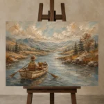 Dusty Blue Rowboat River Adventure Kids Wall Art Canvas Print displayed on a studio easel
