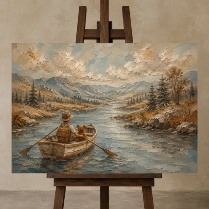 Dusty Blue Rowboat River Adventure Kids Wall Art Canvas Print shown in Studio Easel