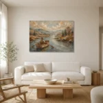 Dusty Blue Rowboat River Adventure Kids Wall Art Canvas Print styled in a refined neutral interior