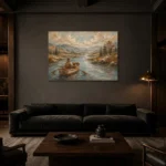 Dusty Blue Rowboat River Adventure Kids Wall Art Canvas Print shown in a warm modern interior