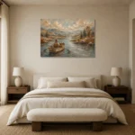 Dusty Blue Rowboat River Adventure Kids Wall Art Canvas Print showcased in an elegant minimalist interior