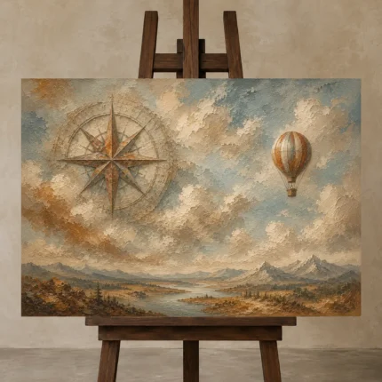 Dusty Blue Compass Rose Adventure Kids Wall Art Canvas Print shown in Studio Easel