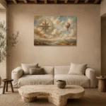 Dusty Blue Compass Rose Adventure Kids Wall Art Canvas Print presented in a sophisticated home setting