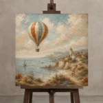 Dusty Blue Coastal Balloon Adventure Kids Wall Art Canvas Print displayed on a studio easel