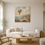 Dusty Blue Coastal Balloon Adventure Kids Wall Art Canvas Print styled in a refined neutral interior