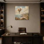 Dusty Blue Coastal Balloon Adventure Kids Wall Art Canvas Print displayed in a contemporary gallery-inspired room