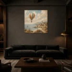 Dusty Blue Coastal Balloon Adventure Kids Wall Art Canvas Print shown in a warm modern interior