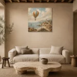 Dusty Blue Coastal Balloon Adventure Kids Wall Art Canvas Print presented in a sophisticated home setting