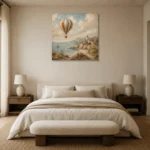 Dusty Blue Coastal Balloon Adventure Kids Wall Art Canvas Print showcased in an elegant minimalist interior