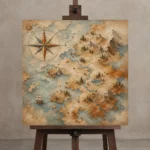 Beige & Dusty Blue Compass Map Adventure Kids Wall Art Canvas Print displayed on a studio easel