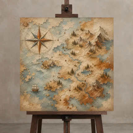 Beige & Dusty Blue Compass Map Adventure Kids Wall Art Canvas Print shown in Studio Easel