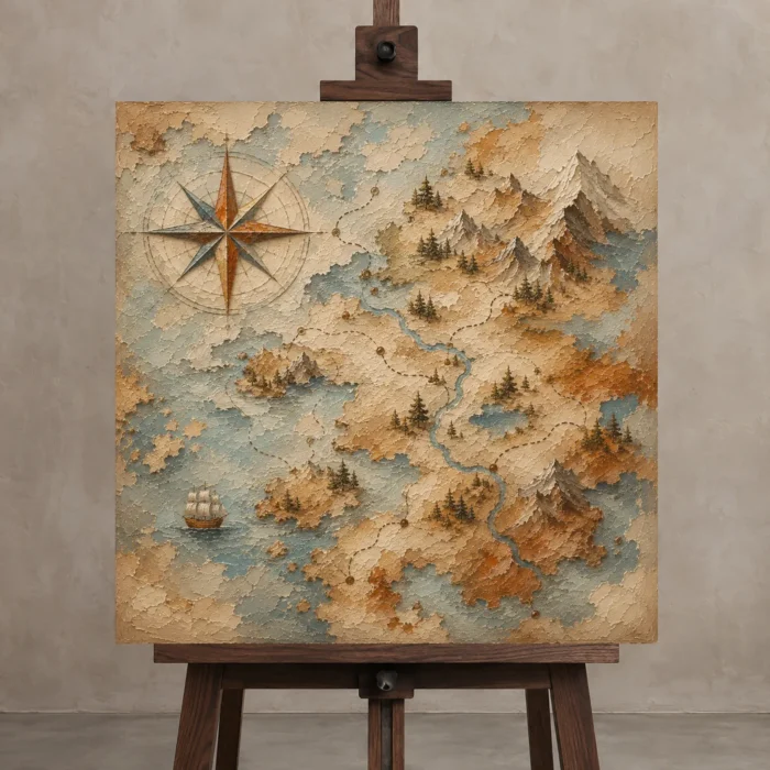 Beige & Dusty Blue Compass Map Adventure Kids Wall Art Canvas Print displayed on a studio easel