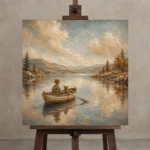 Dusty Blue Still Lake Boat Adventure Kids Wall Art Canvas Print displayed on a studio easel