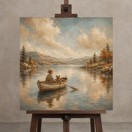 Dusty Blue Still Lake Boat Adventure Kids Wall Art Canvas Print shown in Studio Easel