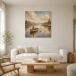 Dusty Blue Still Lake Boat Adventure Kids Wall Art Canvas Print styled in a refined neutral interior