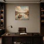 Dusty Blue Still Lake Boat Adventure Kids Wall Art Canvas Print displayed in a contemporary gallery-inspired room