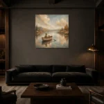 Dusty Blue Still Lake Boat Adventure Kids Wall Art Canvas Print shown in a warm modern interior
