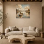 Dusty Blue Still Lake Boat Adventure Kids Wall Art Canvas Print presented in a sophisticated home setting