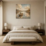 Dusty Blue Still Lake Boat Adventure Kids Wall Art Canvas Print showcased in an elegant minimalist interior