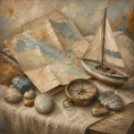 Dusty Blue Travel Map Still Life Adventure Kids Wall Art Canvas Print