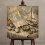 Dusty Blue Travel Map Still Life Adventure Kids Wall Art Canvas Print displayed on a studio easel