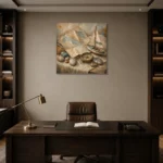 Dusty Blue Travel Map Still Life Adventure Kids Wall Art Canvas Print displayed in a contemporary gallery-inspired room