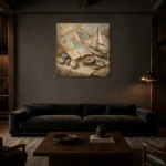 Dusty Blue Travel Map Still Life Adventure Kids Wall Art Canvas Print shown in a warm modern interior