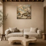Dusty Blue Travel Map Still Life Adventure Kids Wall Art Canvas Print presented in a sophisticated home setting