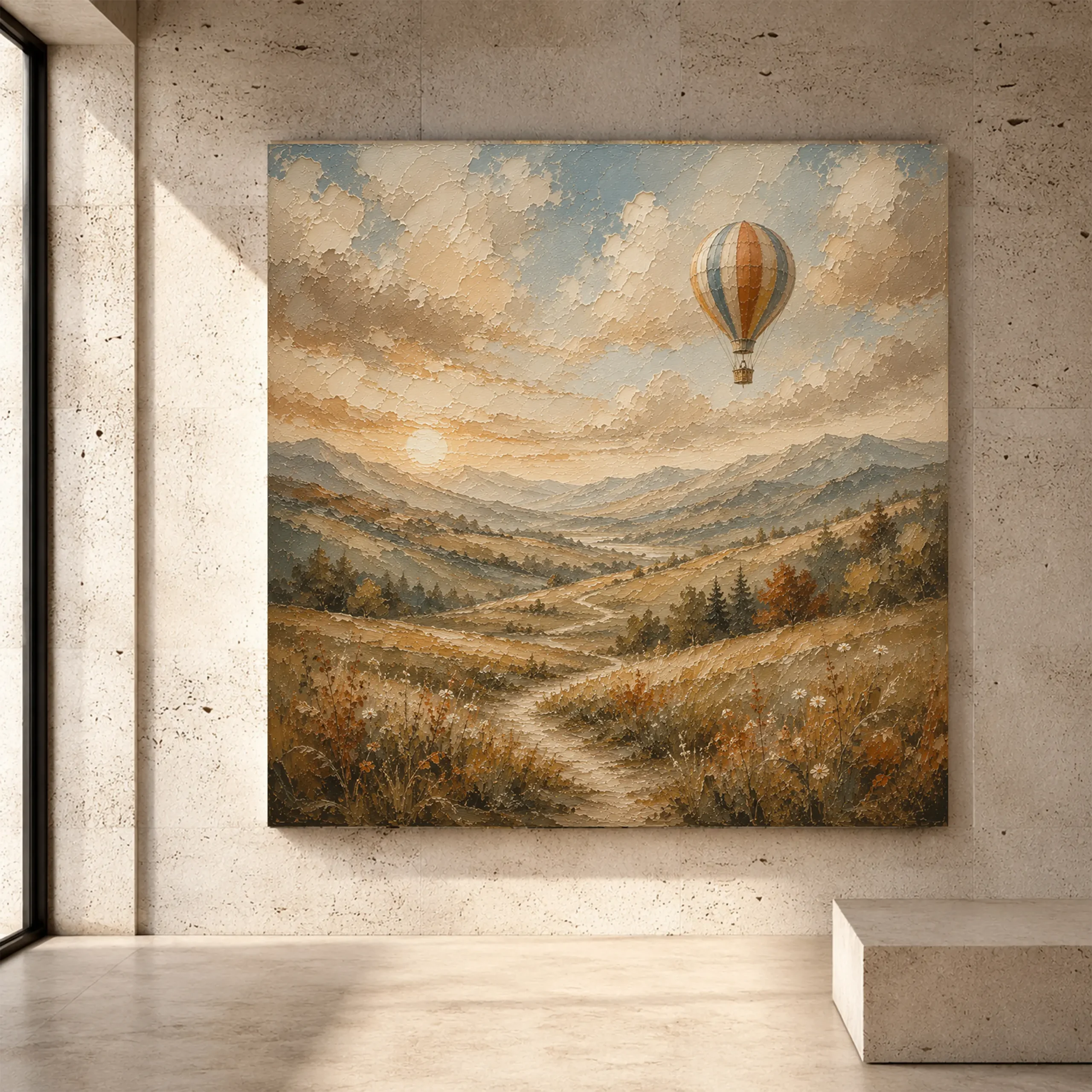 Premium Wall Art Kare Html Edition – KIDSROOM065 Image 1 Dusty blue sunrise Adventure Kids Wall Art print for elegant interiors. No text or watermarks in design.