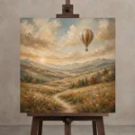 Dusty Blue Sunrise Balloon Adventure Kids Wall Art Canvas Print displayed on a studio easel